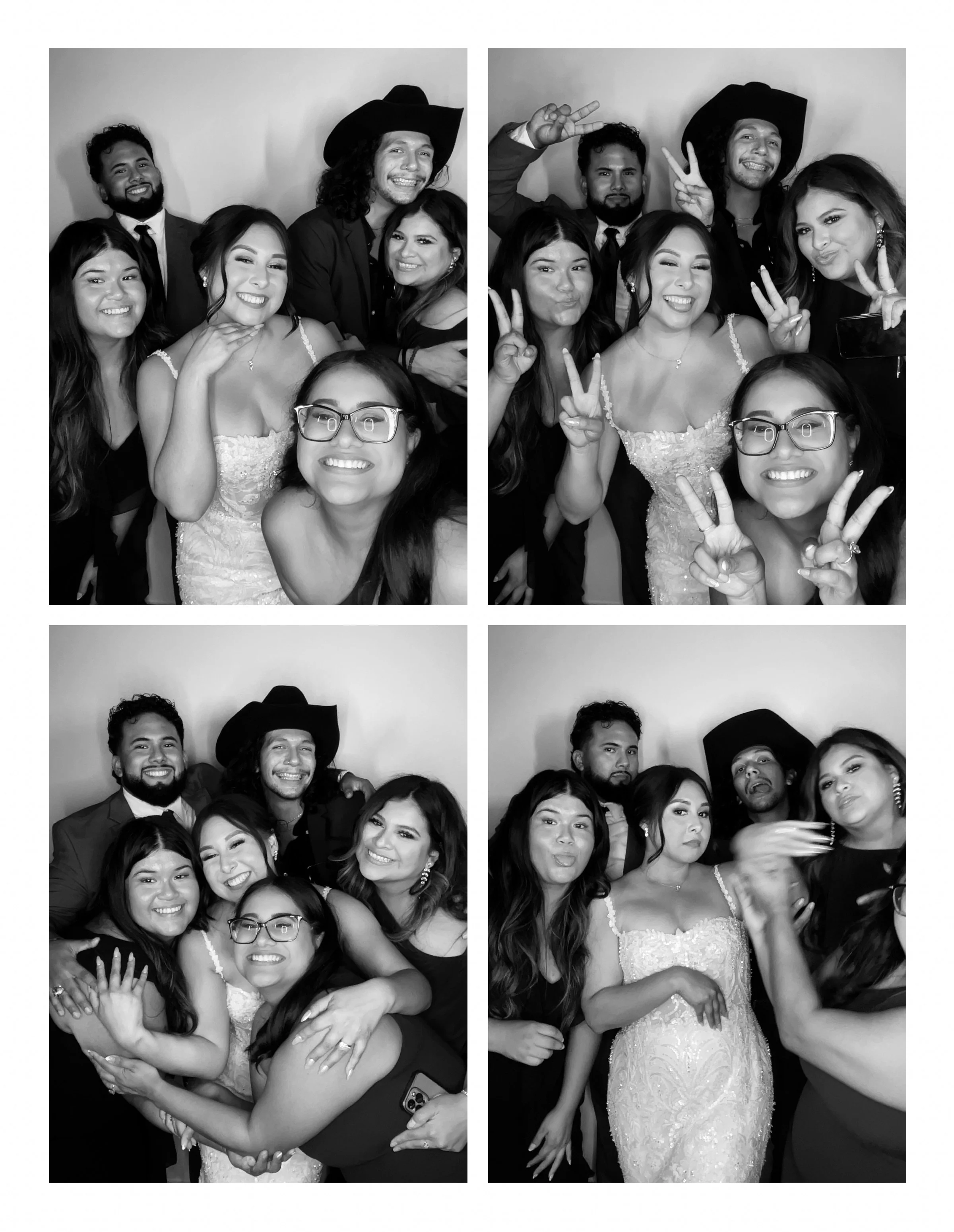 Black and white wedding photo booth pictures of guests celebrating